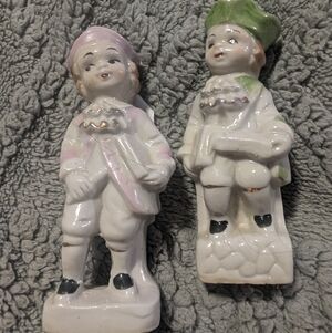 Vintage Porcelain Figurine Set with Pink and Green Accents Made In Japan.